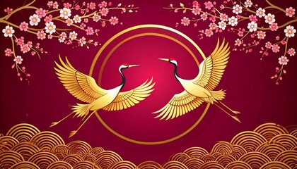 Golden cranes in flight with cherry blossoms on red background