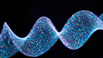 Abstract DNA Strand Visualization with Blue Particles on Black Background.