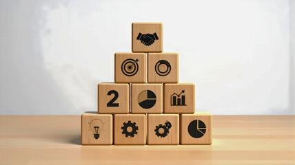 Business Strategy Building Blocks with Icons of Success, Analytics, and Innovation