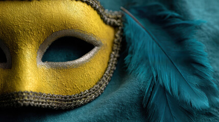 Brazilian theme, carnival mask left side, solid background, text area right