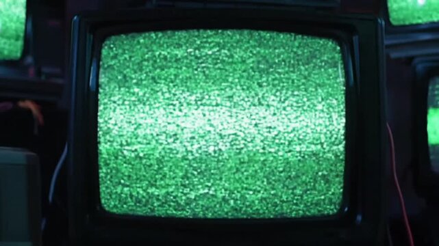A vintage retro television set with a blank screen display and old electronic buttons is isolated as a broadcast technology object on a green background illustration