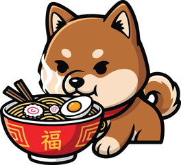 Shiba Inu Dog Eating Ramen Noodles Cartoon.