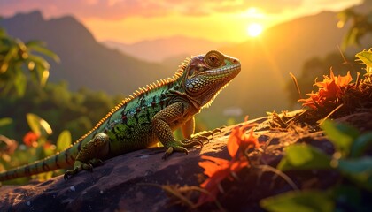 Lizard basking in the golden sunset light, a moment of serenity.