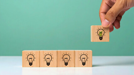 Unique Idea Innovation Concept One Wooden Block with Growing Plant Symbol Stands Out from Others with Light Bulb Symbols