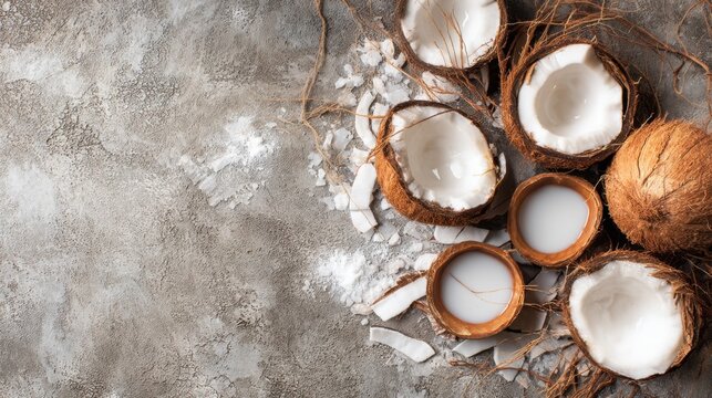 Several halved coconuts are placed neatly on a gray surface. The white coconut flesh and water are visible in the coconut shells along with some coconut flakes around them. - Powered by Adobe