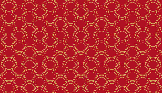A seamless pattern featuring overlapping red and orange scales or waves, creating a decorative and repetitive background design.