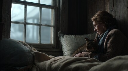 A woman is sitting on a bed with a cat on her lap. The room is dimly lit and the woman is in a contemplative mood