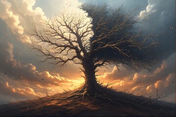 Sunset over trees and mountains with an orange sky and soft mist in a peaceful natural landscape