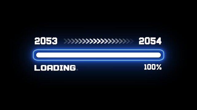 Futuristic digital loading progress bar from year 2053 to 2054, time evolution display with 100 percent status