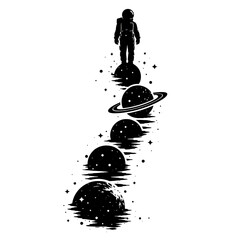 Black and white silhouette of an astronaut floating in space, minimalist and modern illustration style, symbolizing exploration, curiosity, and the future against a clean white background.