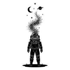 Black and white silhouette of an astronaut floating in space, minimalist and modern illustration style, symbolizing exploration, curiosity, and the future against a clean white background.