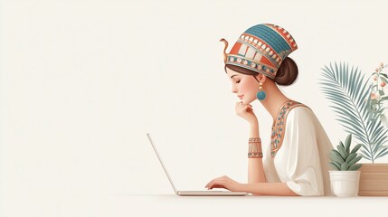 Cleopatra Inspired Woman Using Laptop for Virtual Meeting, Ancient Royal Aesthetic Combined With Modern Remote Work Technology, Leadership and Digital Communication Concept