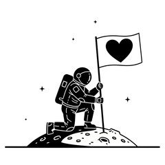 Black and white silhouette of an astronaut floating in space, minimalist and modern illustration style, symbolizing exploration, curiosity, and the future against a clean white background.