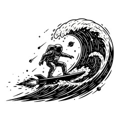 Black and white silhouette of an astronaut floating in space, minimalist and modern illustration style, symbolizing exploration, curiosity, and the future against a clean white background.