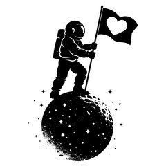 Black and white silhouette of an astronaut floating in space, minimalist and modern illustration style, symbolizing exploration, curiosity, and the future against a clean white background.