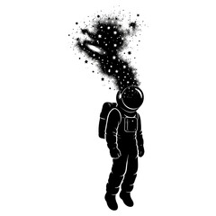 Black and white silhouette of an astronaut floating in space, minimalist and modern illustration style, symbolizing exploration, curiosity, and the future against a clean white background.
