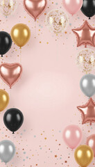 Elegant pastel pink party background with rose gold, silver and black balloons, hearts and stars, festive celebration banner with confetti and copy space