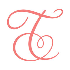 Obraz premium Large coral colored cursive letter t on white background
