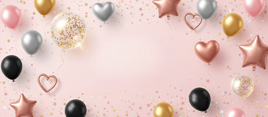 Elegant pastel pink party background with rose gold, silver and black balloons, hearts and stars, festive celebration banner with confetti and copy space