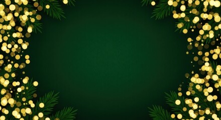 A festive green background with golden lights and pine branches
