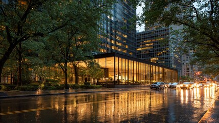 Wet street reflects bright building, lit up cityscape behind trees