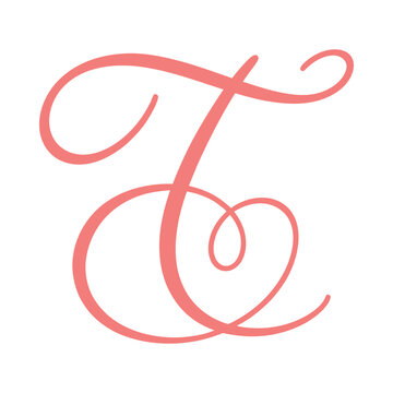 Large coral colored cursive letter t on white background