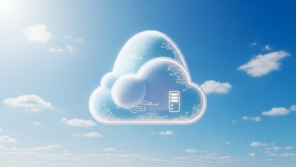 Digital cloud computing concept with integrated server rack icon and circuit patterns in a bright blue sky, concept for modern data storage, global connectivity and secure networking
