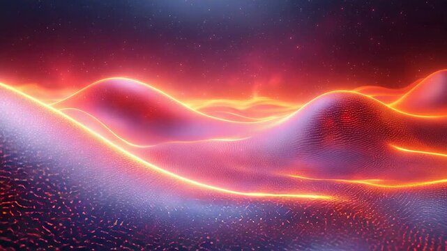 Abstract cosmic landscape featuring glowing neon waves and undulating digital terrain under a starry sky, presenting a futuristic and artistic representation of energy flow and data visualization