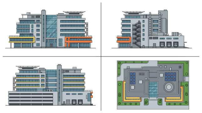Detailed architectural illustration of a modern multi-story building from four different perspectives, including front, side, rear, and top-down plan views.