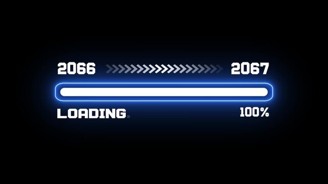 Evolution of time from 2066 to 2067 displayed on a digital loading bar with 100 percent completion status