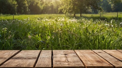 Wooden table product display in a garden with grass, foliage, and bright sunlight, showcasing rustic outdoor charm, natural freshness, and vibrant summer landscape mockup