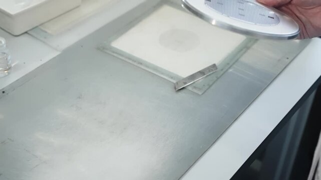 Precision handling and dicing of a silicon semiconductor wafer in a lab, showing scribing and inspection of microchip dies on a carrier ring for microelectronics fabrication