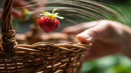 A hand is reaching for a strawberry in a basket. The basket is woven and the strawberry is suspended in the air