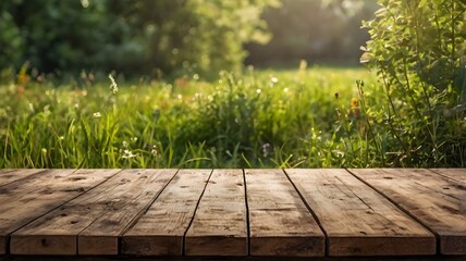 Wooden table product display in a garden with grass, foliage, and bright sunlight, showcasing rustic outdoor charm, natural freshness, and vibrant summer landscape mockup