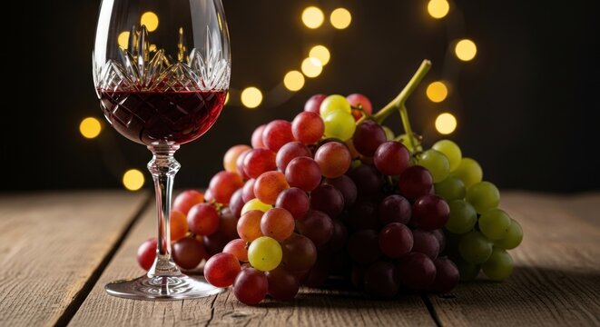 A glass of red wine with grapes on a wooden table with a bokeh background. - Powered by Adobe