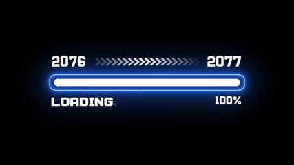 Evolution of time from 2076 to 2077 displayed on a digital loading bar with 100 percent completion status