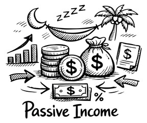 Hand drawn passive income icons set featuring money, graph, hammock, and palm tree for financial independence