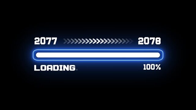 Evolution of time from 2077 to 2078 displayed on a digital loading bar with 100 percent completion status