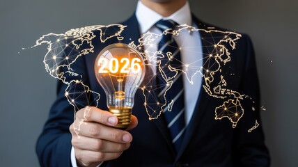 Businessman holding lightbulb with 2026 and global connections