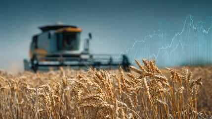 Wheat field with combine harvesting, overlaid with financial graph