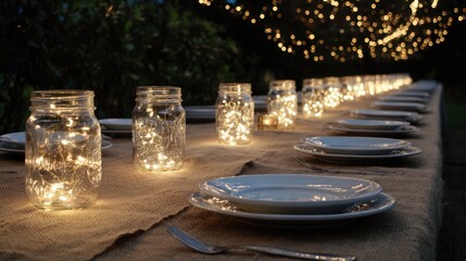 Outdoor dinner setup with lights