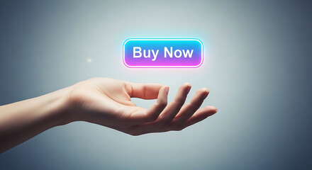 Buy Now Glowing Button Held Gently Shopping E commerce Deals Quick Purchases
