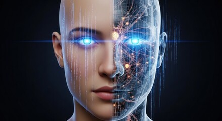 A humanoid robot with a human-like face and a digital brain.