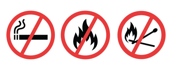 No smoking sign, red prohibition icon showing no open fire burning and no open flame, safety instruction warning signage.