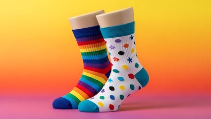 Colorful Patterned Socks on Mannequin Feet with Vibrant Gradient Background