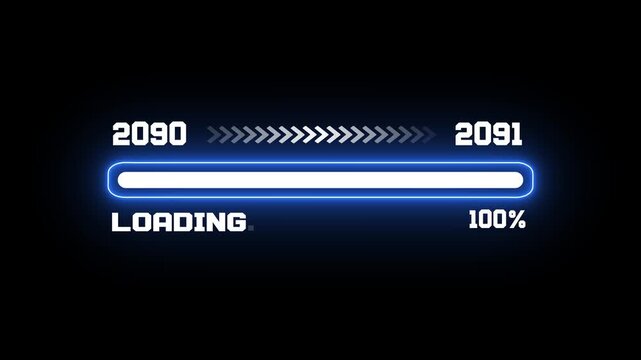 Evolution of time from 2090 to 2091 displayed on a digital loading bar with 100 percent completion status