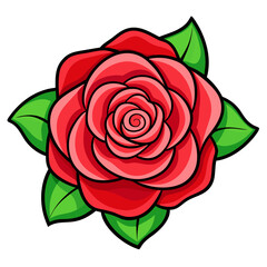 Vibrant red rose with lush green leaves on white background
