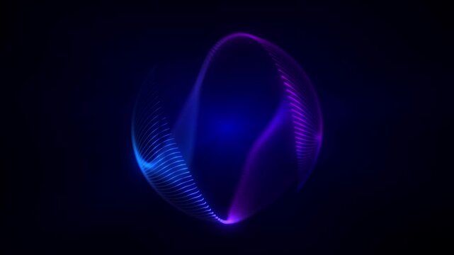 round sphere made of shiny pink and blue particles with a magical glow of waves on a dark background, an energy ball made of bright dots, the movement of a spherical ball. Seamless loop