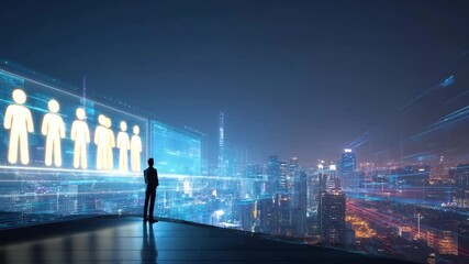 Man looking at glowing human icons on a futuristic cityscape at night - Powered by Adobe