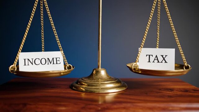 Scales With Cards Labeled Income And Tax On Wooden Surface, Blue Backdrop And Polished Brass Mediator Concept Illustrating Fairness, Negotiation And Fiscal Policy Choices Between Taxpayers